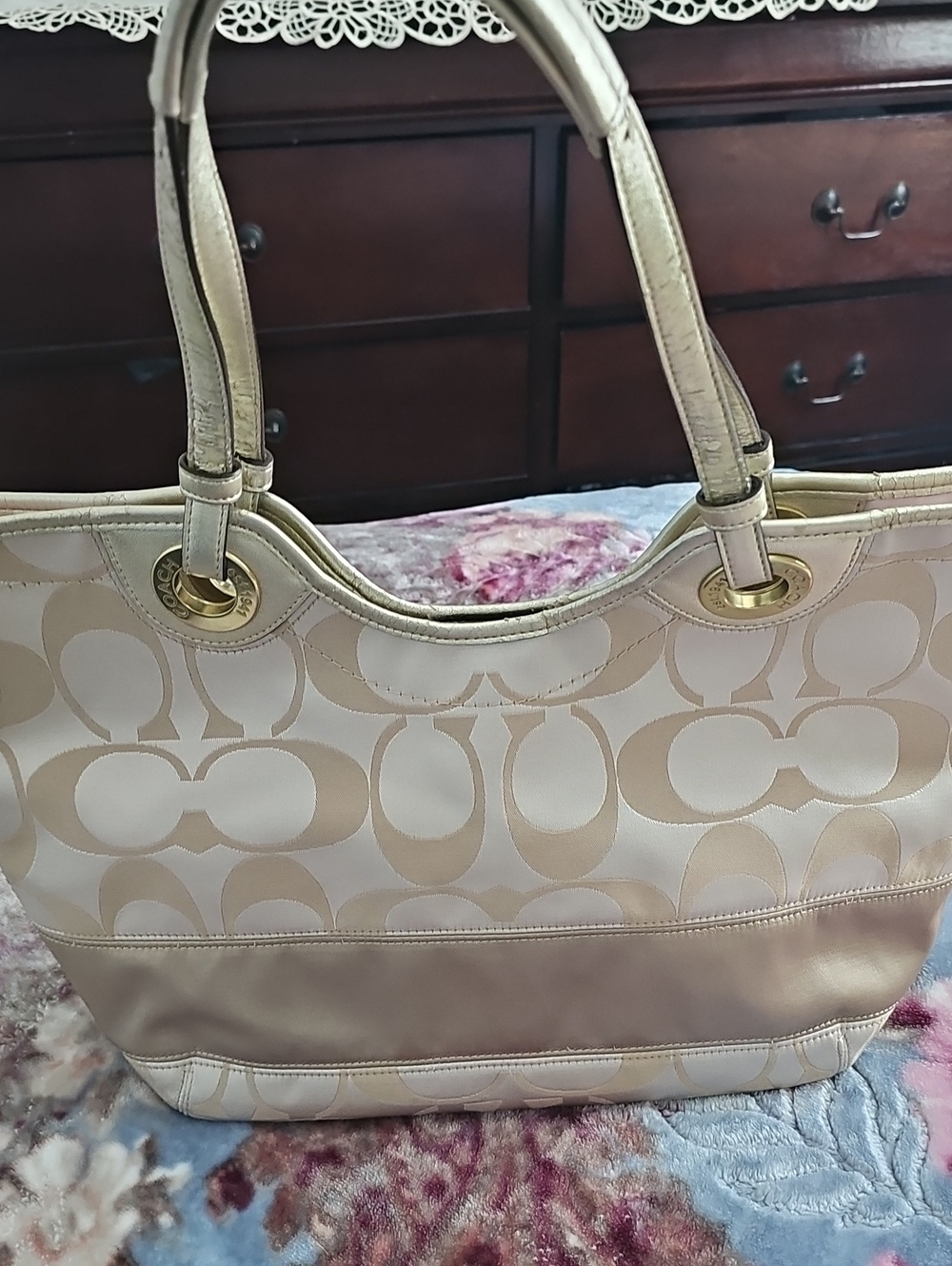 Coach Beige Signature Tote with Gold Hardware